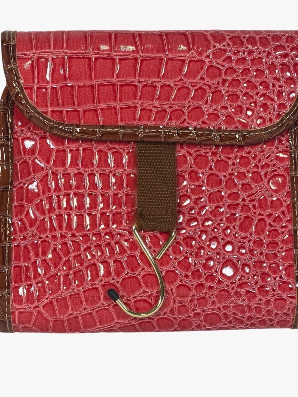 Samantha Brown Faux Croc Hanging Toiletry Makeup Bag Travel w/ Hook Pink & Brown